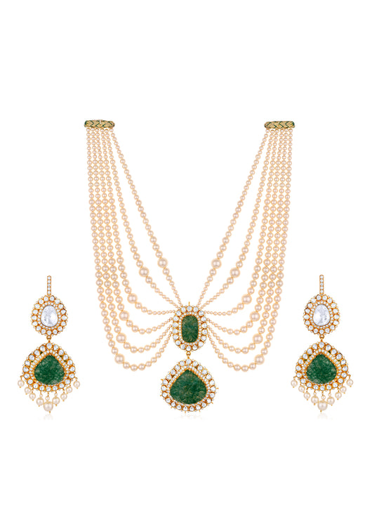 Zahara Gold Plated Moissanite Polki & Green Onyx Layered Jewelry Set