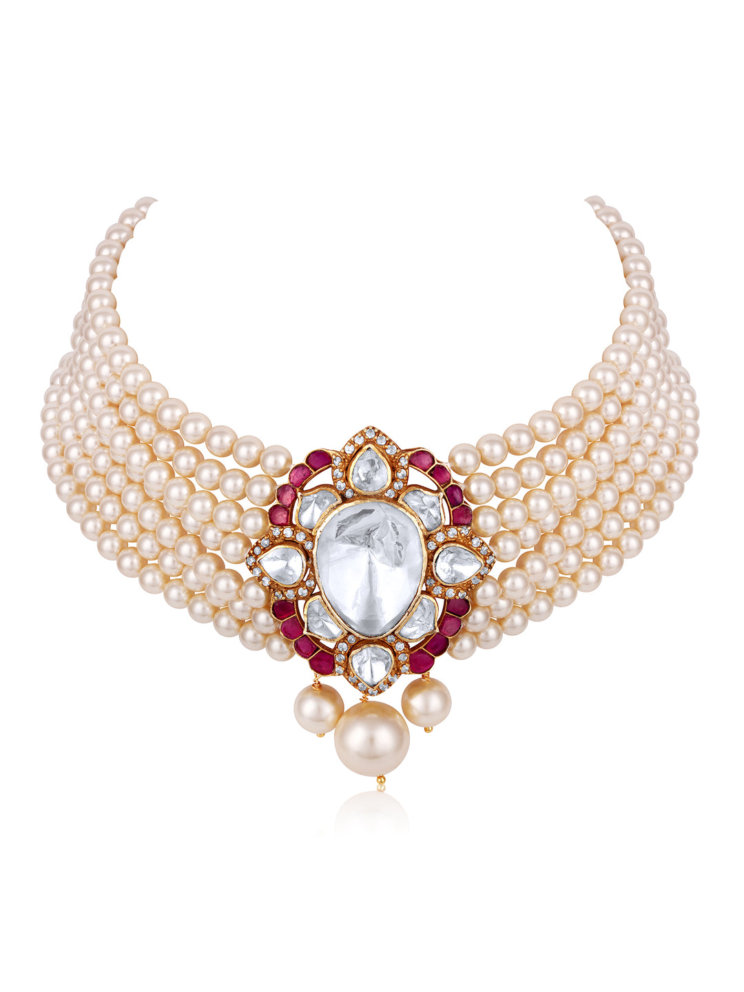 92.5 Sterling Silver Kamya Moissanite Polki & Ruby Choker Set from the Kiara Luxe Collection by Jewelry by Kiara. A piece that exudes a luxurious aura and timeless elegance