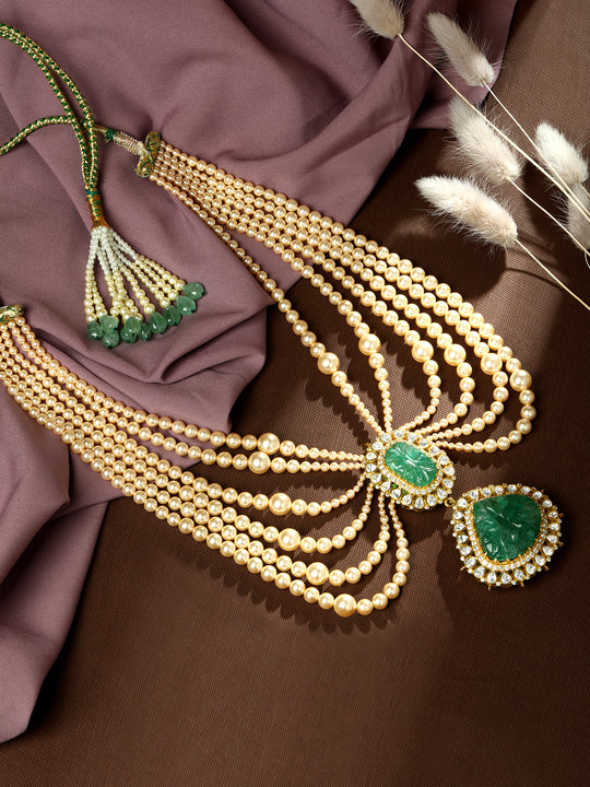 Zahara Gold Plated Moissanite Polki & Green Onyx Layered Jewelry Set