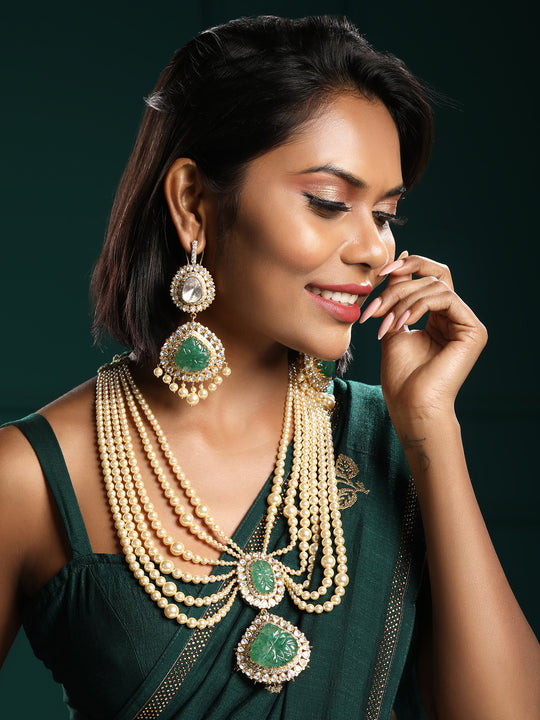 Zahara Gold Plated Moissanite Polki & Green Onyx Layered Jewelry Set