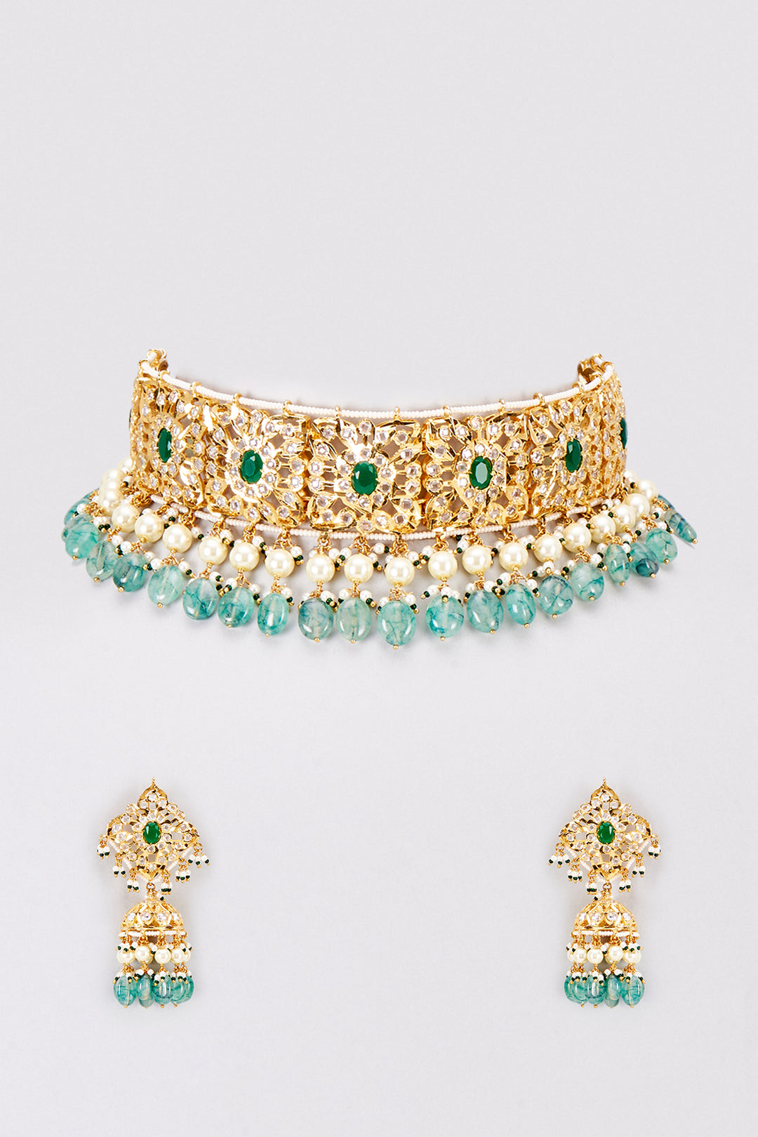 Green Pearled Zohra Choker Set 22kt Gold Plated