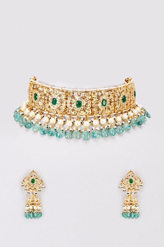 Green Pearled Zohra Choker Set 22kt Gold Plated